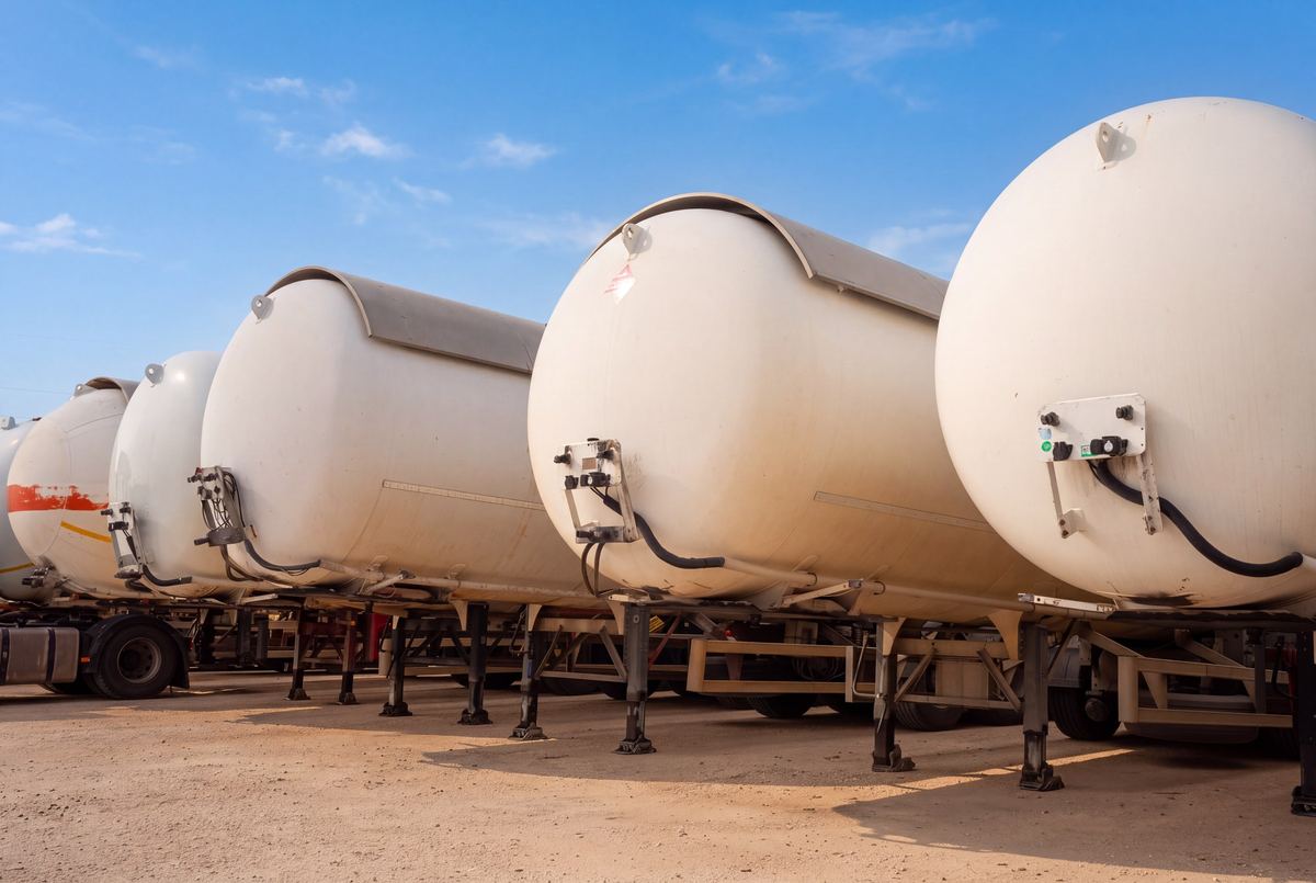 Cisterne per il trasporto di GPL di DESA Carburanti allineate nel piazzale